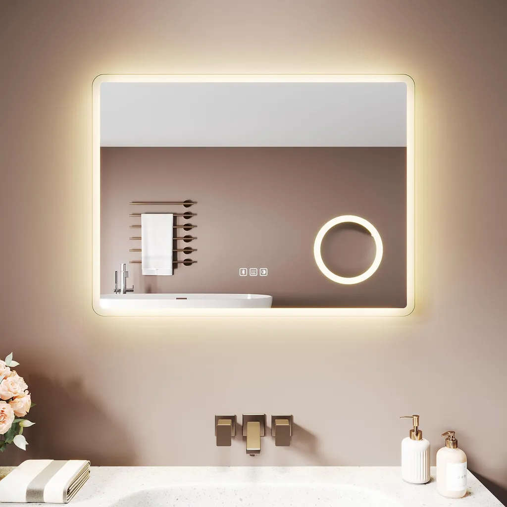 SONNI Specchio da bagno quadrato bianco 80 x 60 x 3,5 cm Senza nebbia e con Bluetooth Funzione di memoria di spegnimento Tre temperature di colore - 2