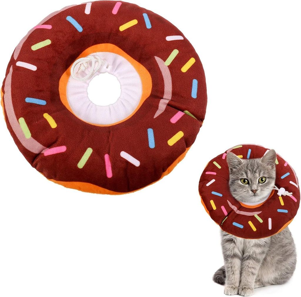 A product image showing a donut-shaped pet collar and a cat wearing a similar collar.