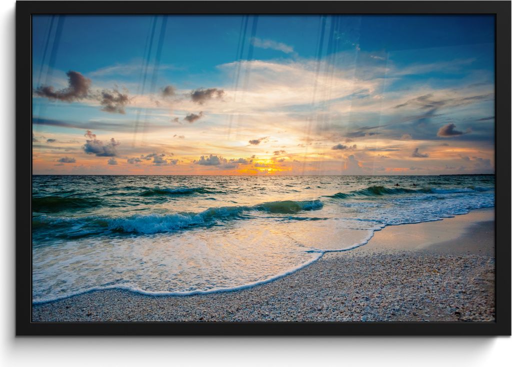 MuchoWow MuchoWow Gerahmtes Poster Strand - Meer - Sonnenuntergang 60x40 cm - Poster mit zchwarzem Bilderrahmen - Printing - Wanddeko Schlafzimmer