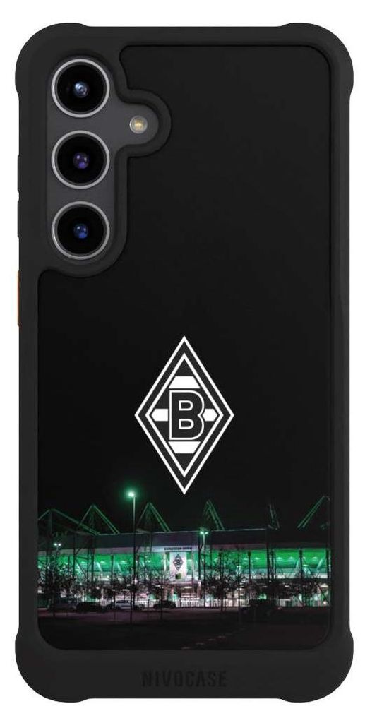 NIVOCASE Hülle für Samsung Galaxy S24+ Stoßfeste Handyhülle NIVOmax Case Schwarz Borussia Mönchengladbach Offizielles Lizenzprodukt Stadion