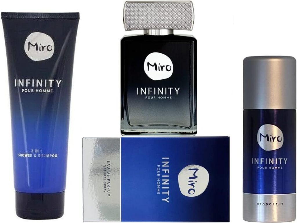 Miro INFINITY pour homme 3 tlg. p1 x Eau de Parfum Spray 75 ml + 1 x Deodorant Spray 24 h Schutz ohne Aluminium 150 ml + 1 x Bath & Shower Gel 250 ml