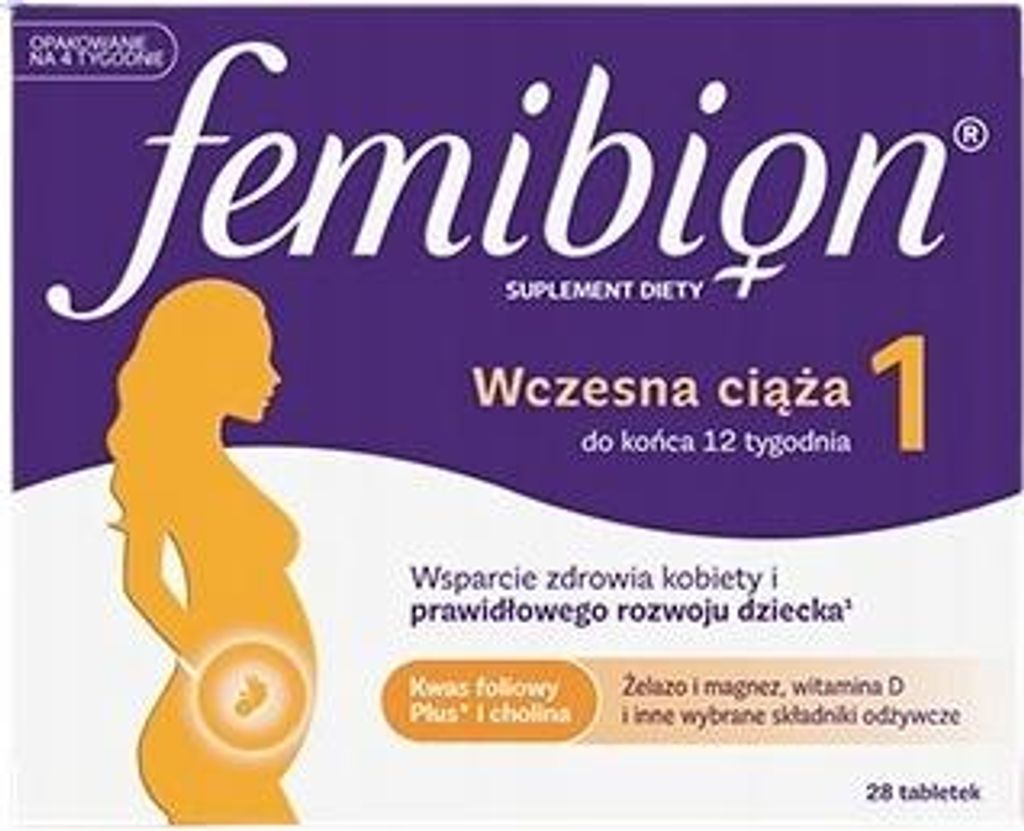 The image shows the packaging of Femibion 1, a dietary supplement for early pregnancy.