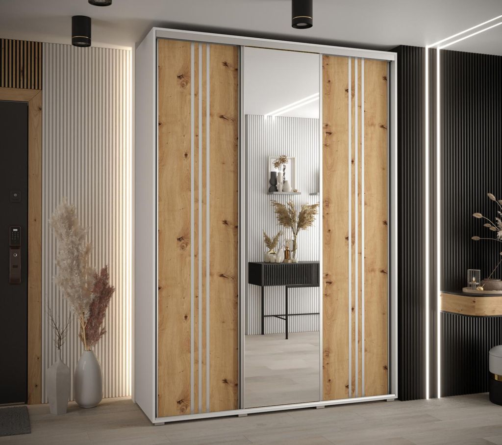 Kleiderschrank YVONA 7 – 170/45 cm, weiß/Eiche handwerklich/silber