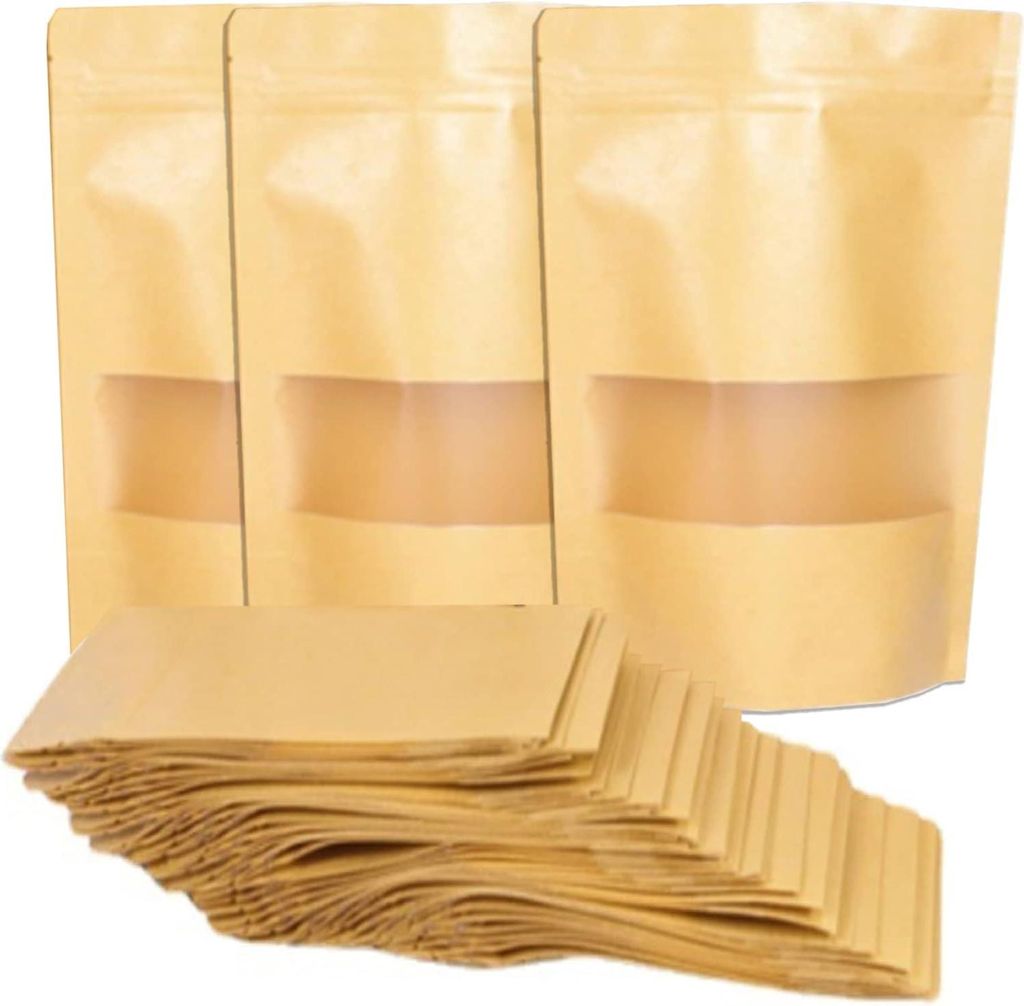 100 Stück Wiederverwendbare Kraftpapierbeutel mit Reißverschluss für Nüsse, Kaffeebohnen, Teeblätter und Kräuter