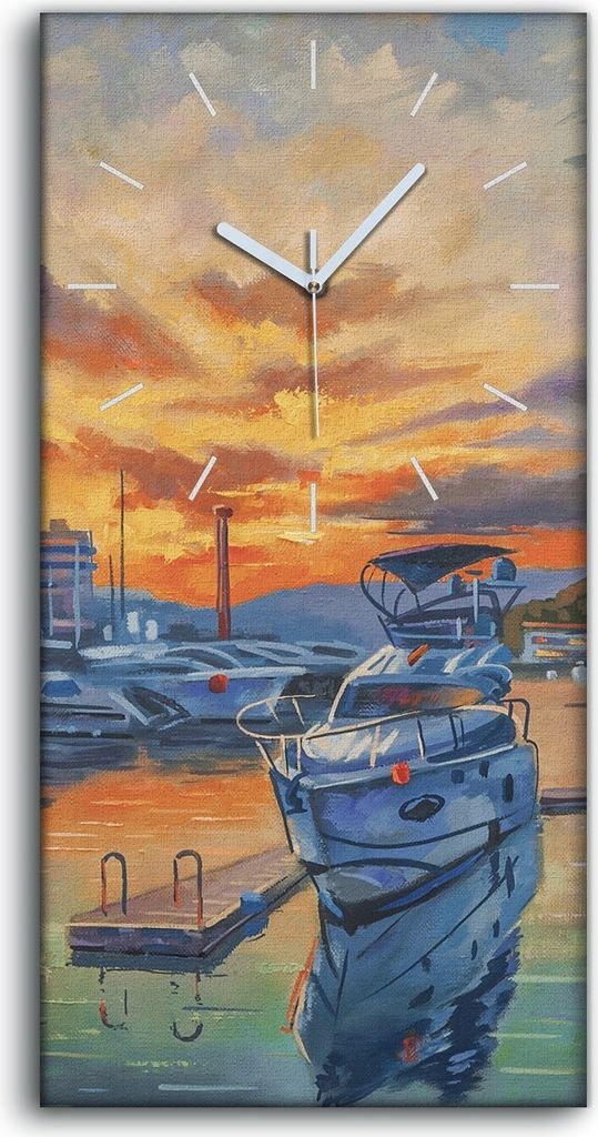 Küche Wohnzimmer Wand Leinwand Uhr 30x60 Gemälde Hafen schiffe Sonnenuntergang - weiße Hände