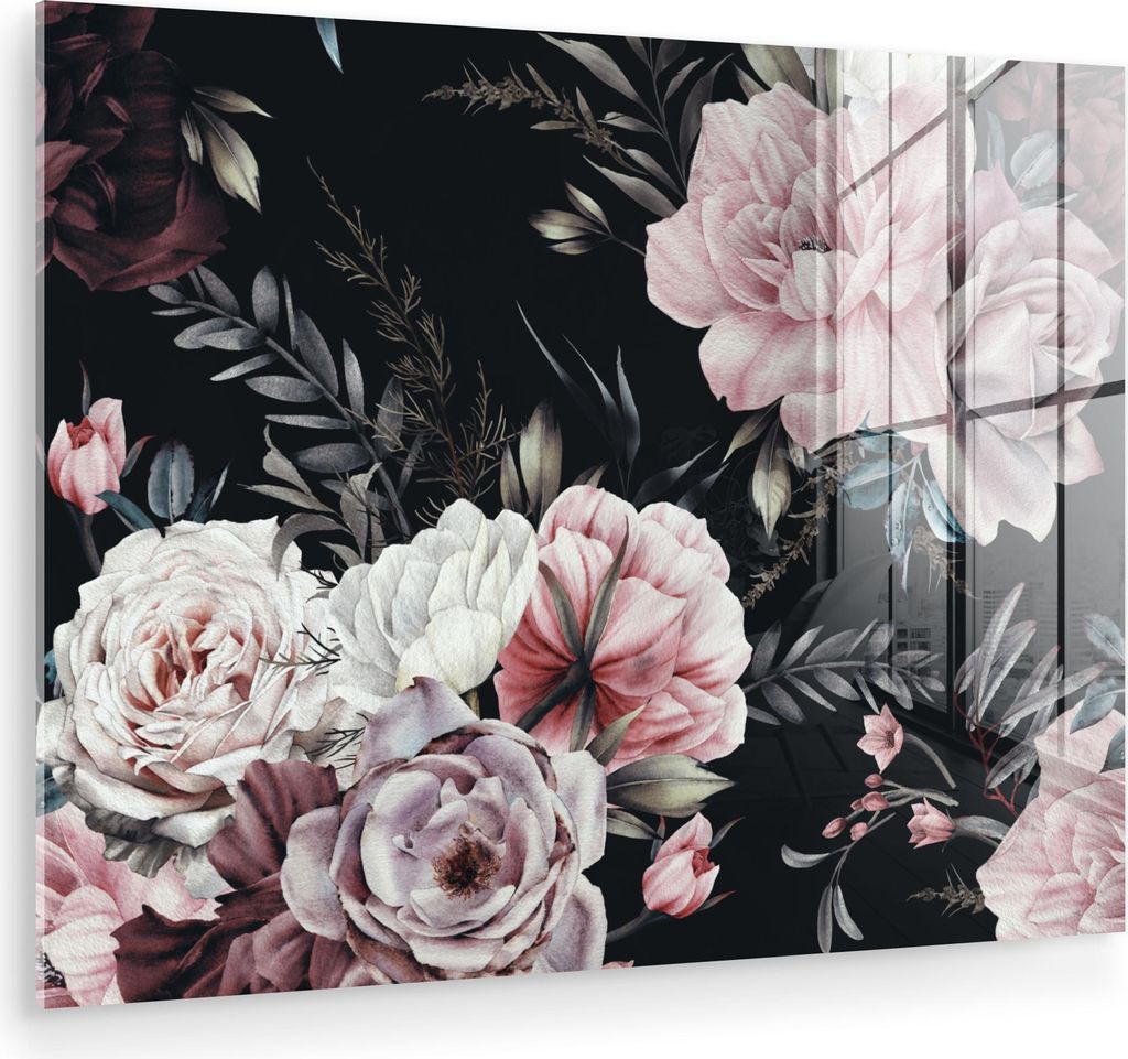 MuchoWow Glasbilder - Bilder auf Wandbild - Foto auf Glas Vintage - Rosen - Romantisch - Blumen 80x60 cm Wanddekoration aus Glas - Acrylglasbild - ...