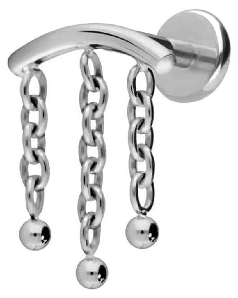 Ohrpiercing, Nasenpiercing Titan Labret mit Push Fit BOGEN + 3 KETTEN Silber Stablänge: 7mm | Stabstärke: 1mm