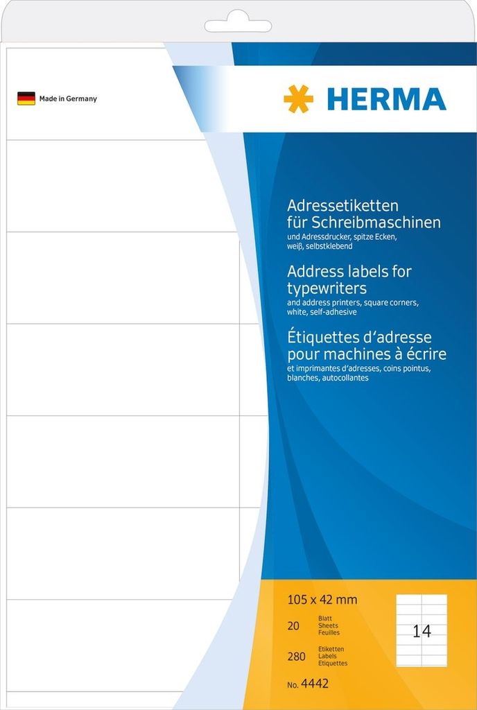 Adress-Etiketten 105x42mm auf A4-Blättern Ecken spitz VE=36x280 Stück