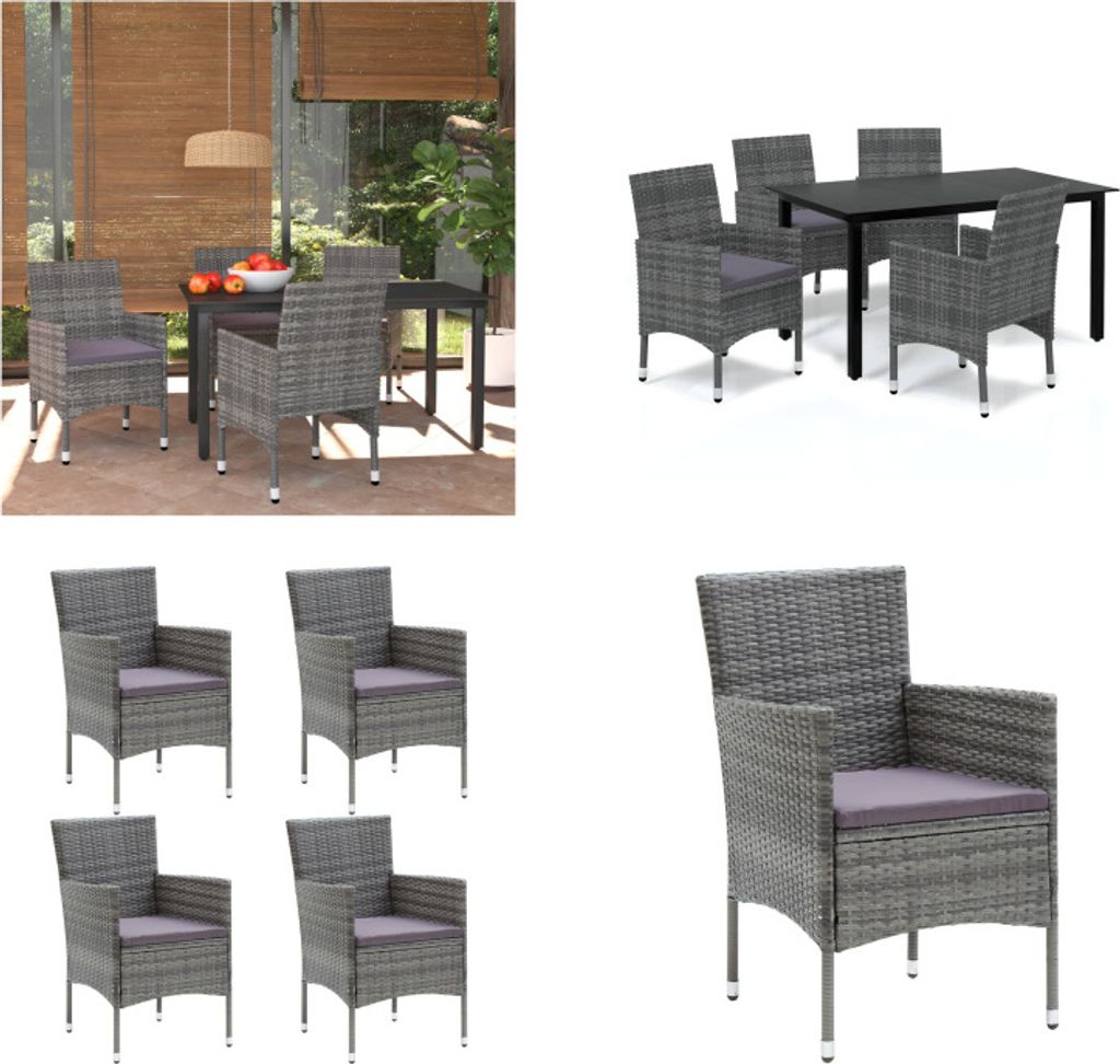 vidaXL 5 tlg. Garten Essgruppe mit Kissen Poly Rattan Grau - Essgruppe - Essgruppen - Garten-Essgruppe - Garten-Essgruppen