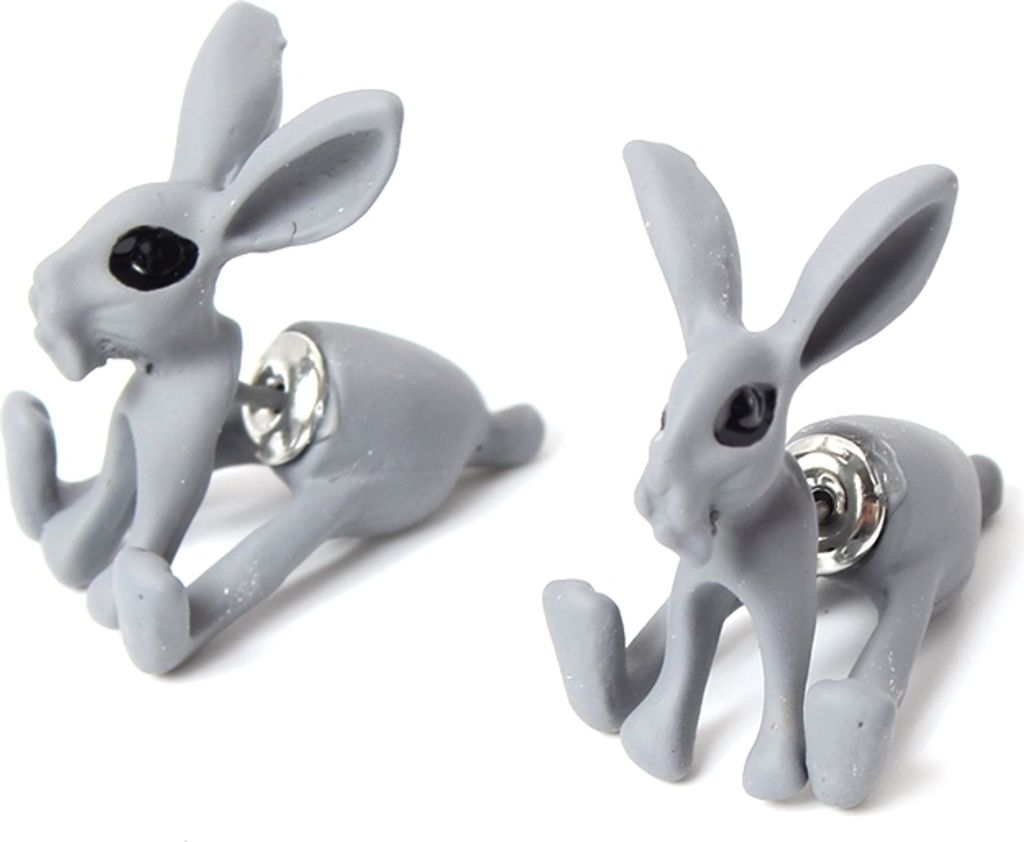 3D Hasen Bunny Ohrstecker Front Back Ohrringe Grau