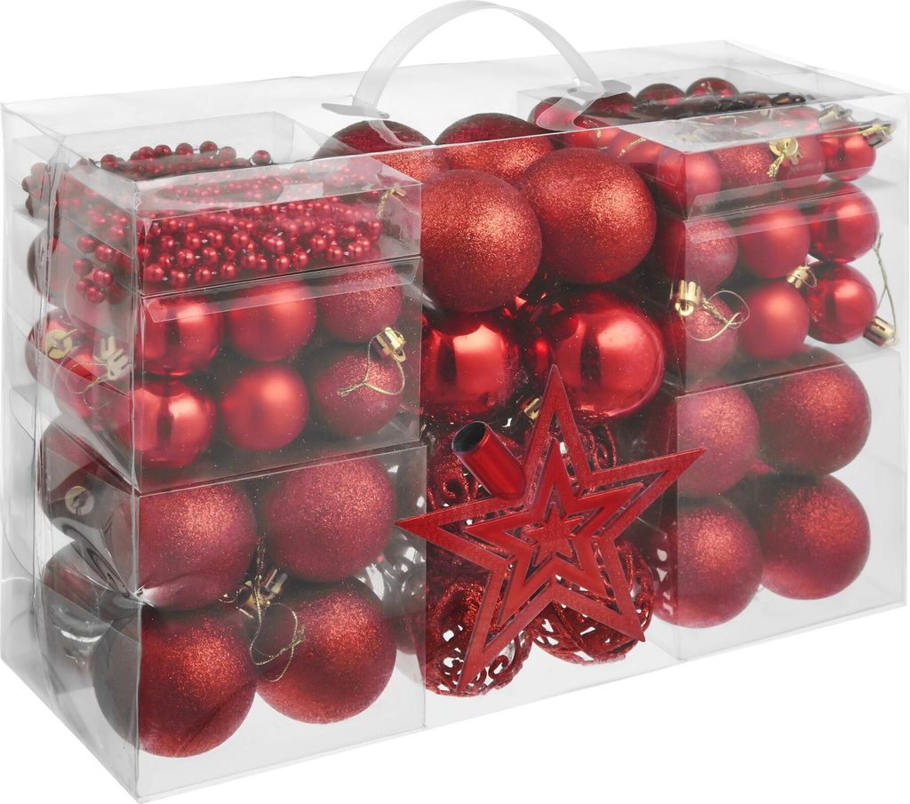 tectake Weihnachtskugeln 86-er Set in Rot, inklusive Perlenkette und Stern Durchmesser 3, 4 und 6 cm