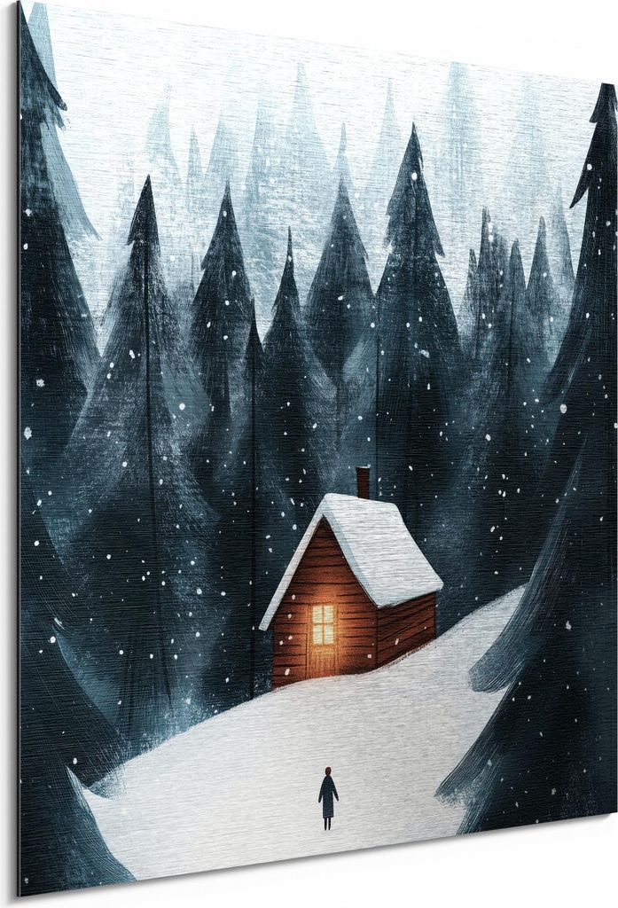 DEQORI Alu-Dibond Bild Silber 50x50 cm 'Heimkehr durch den Schnee' Wandbild Metall dünn