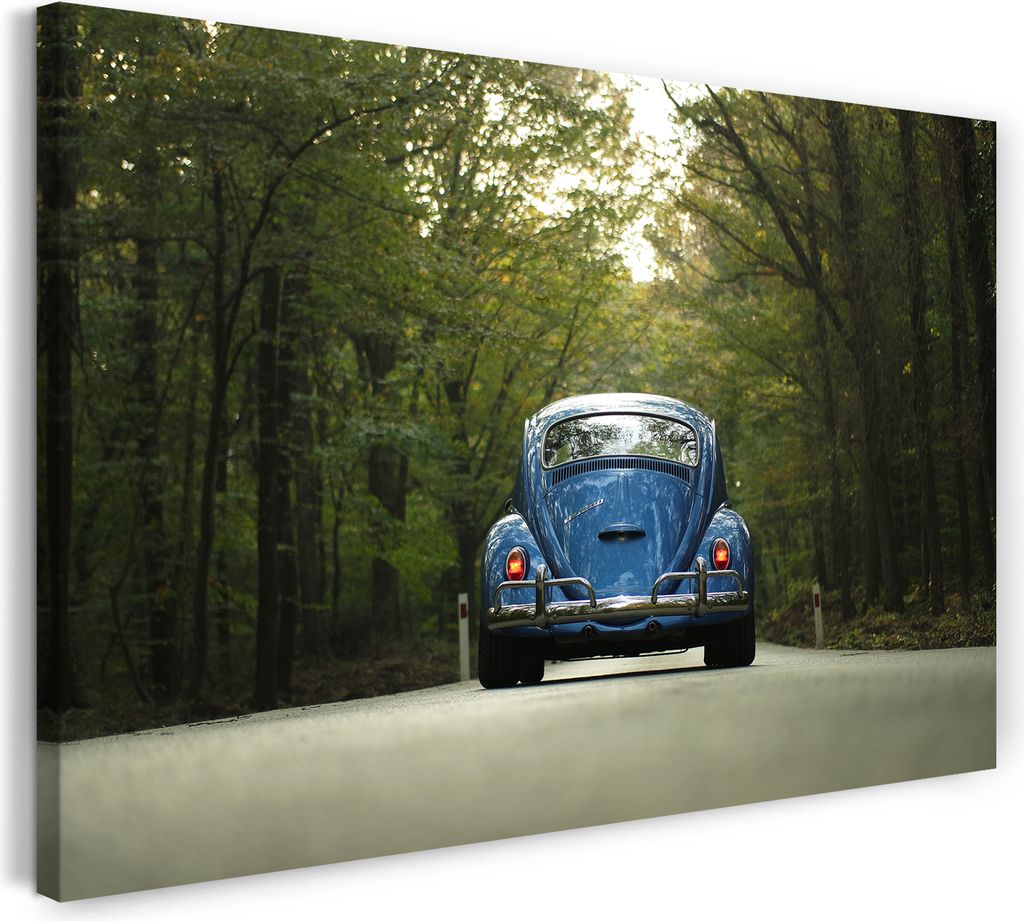 Leinwandbild (120x80cm): Blaues Auto Käfer auf Waldstrße von hinten, echter Holz-Keilrahmen inkl. Aufhänger, handgefertigt in Deutschland