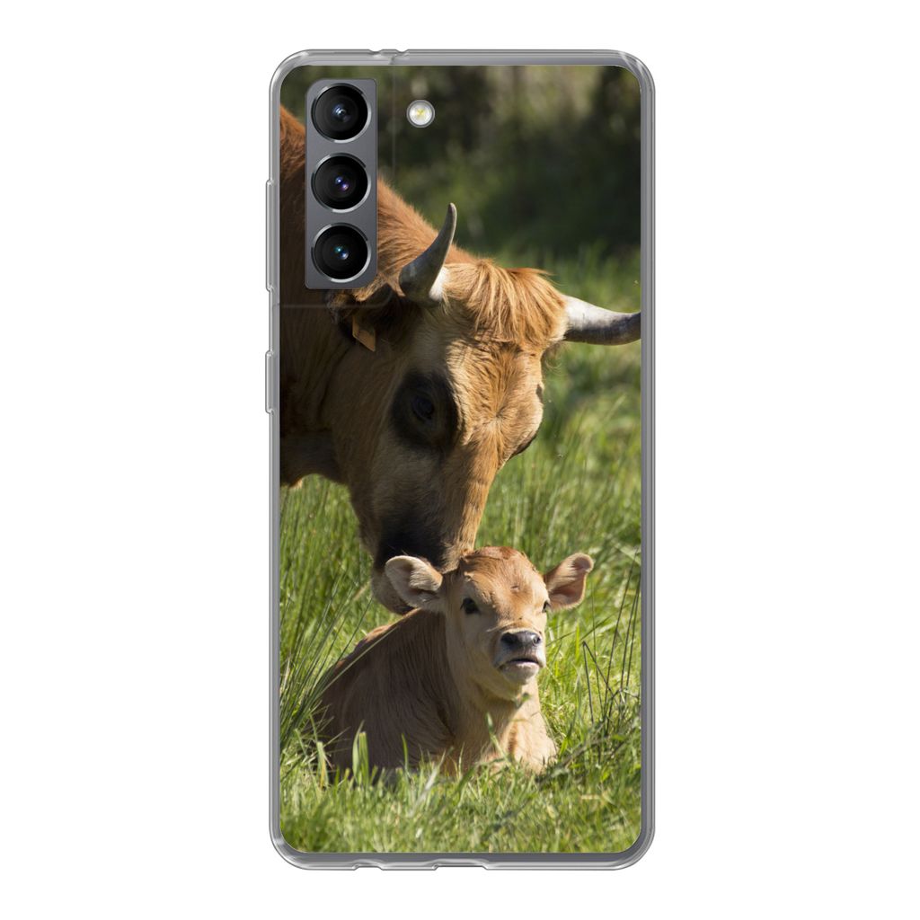 MuchoWow Handyhülle Schutzhülle Hülle für Samsung Galaxy S21 Kuh - Gras - Horn - Kalb Silikon Softcase Handy Hülle - Softcase