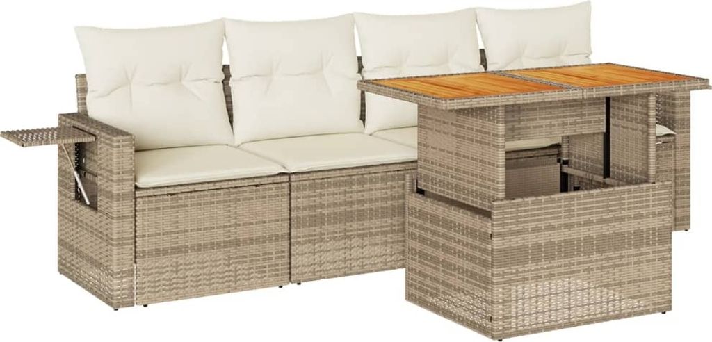 5-tlg. Garten-Sofagarnitur mit Kissen Beige Poly Rattan