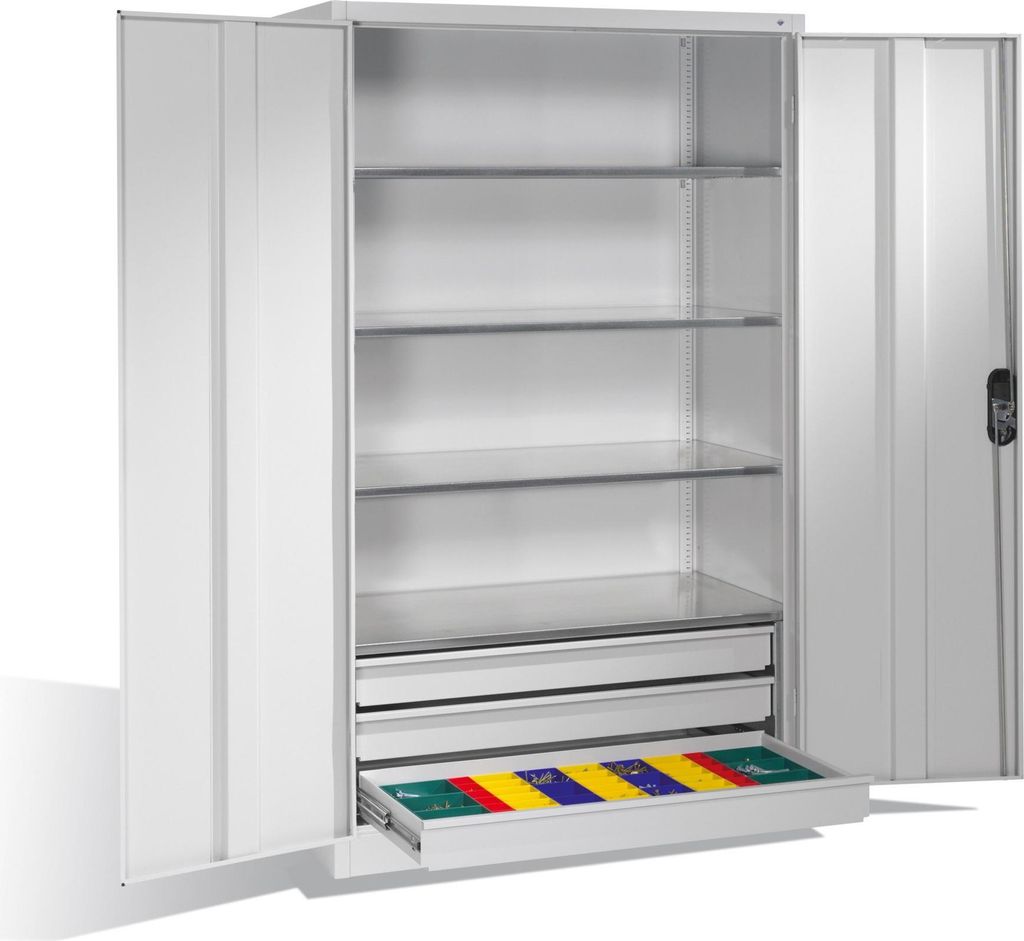 Großraum-Werkzeugschrank mit Vollblech-Flügeltüren, 3 Schubladen unten, 4 Verstellböden, BxTxH 1200x600x1950 mm, RAL 7035
