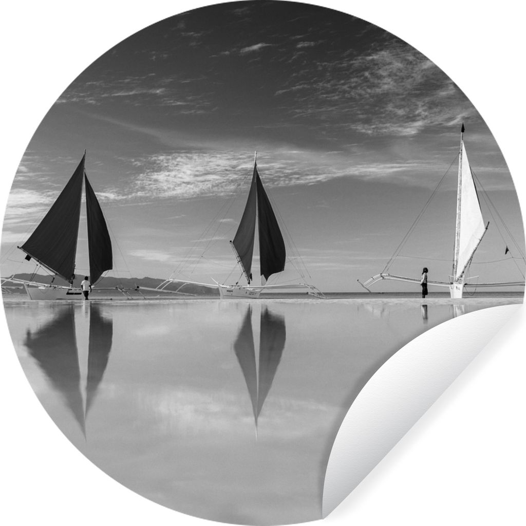 MuchoWow Runde Wandtattoo - Wandsticker Tapete Aufkleber Paraws am Strand von Boracay - schwarz und weiß Ø 80 cm Selbstklebend und Repositionie...