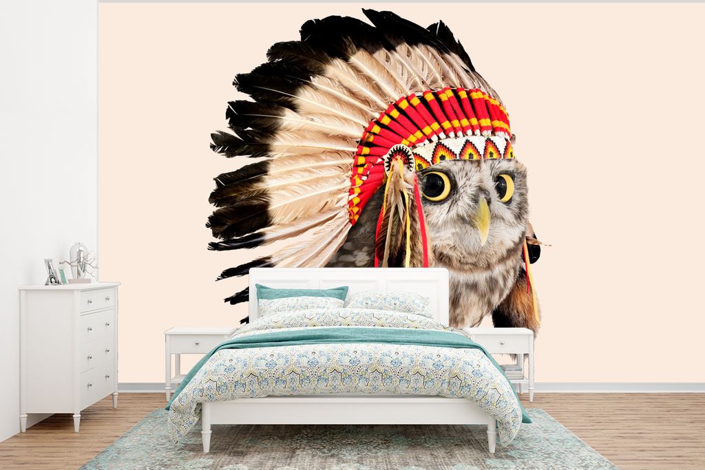 MuchoWow Fototapete für Wohnzimmer oder Schlafzimmer Wandtapete Vinyl Motivtapete Tier - Eule - Indianer - Vogel - 400x300 cm - Papiertapeten
