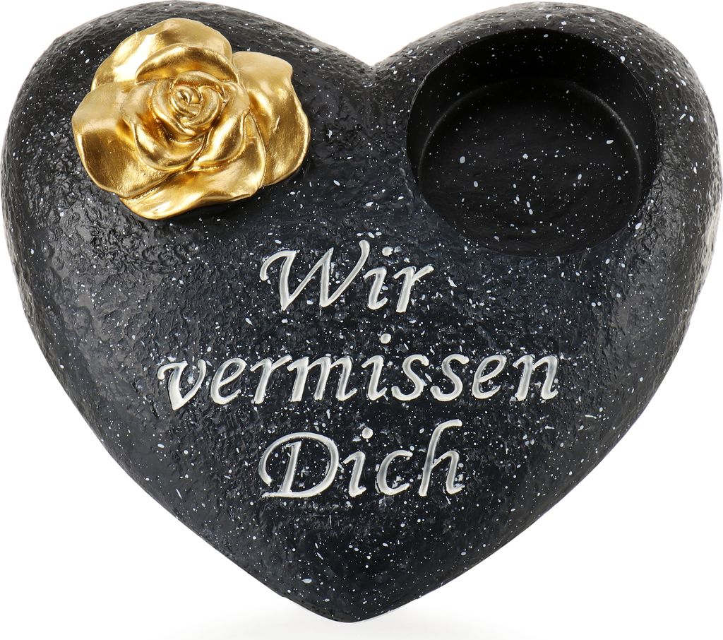 COM-FOUR Grab-Dekoration in Herz-Form mit goldfarbener Rose - Gedenkstein mit Halter für Grabkerze - wetterfester Grabschmuck - Trauerstein mit ...