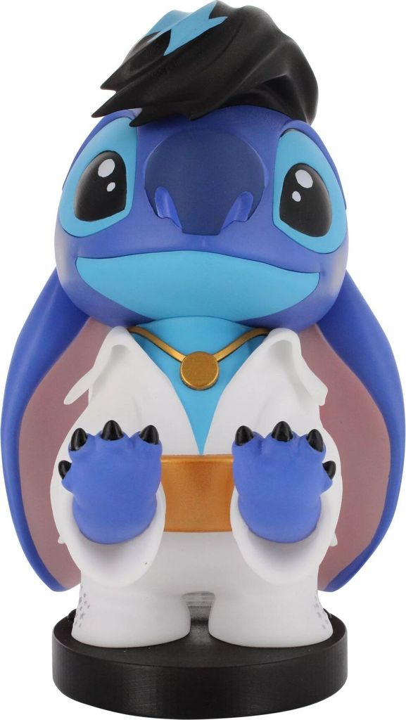 A figurine of Stitch dressed as Elvis, standing on a black base.