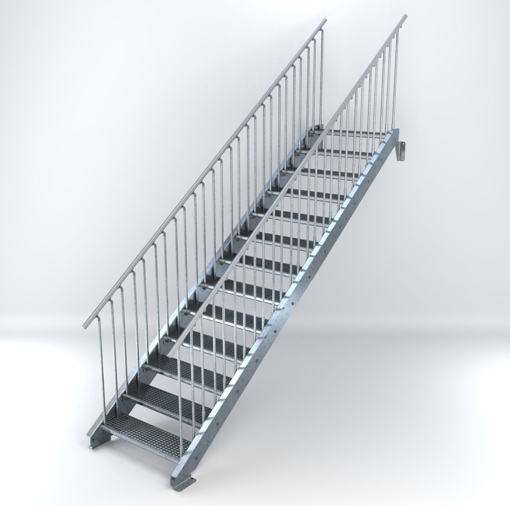 Stahltreppe 13 Stufen bis Höhe 260 cm, Laufbreite : 90 cm beidseitiges Geländer ST 1 (31 / 31 mm)