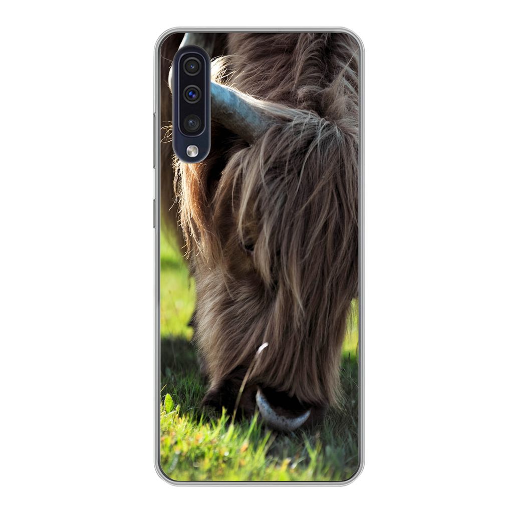 MuchoWow Handyhülle Schutzhülle Hülle für Samsung Galaxy A30s Schottischer Highlander - Hörner - Sonne Silikon Softcase Handy Hülle - Karte...