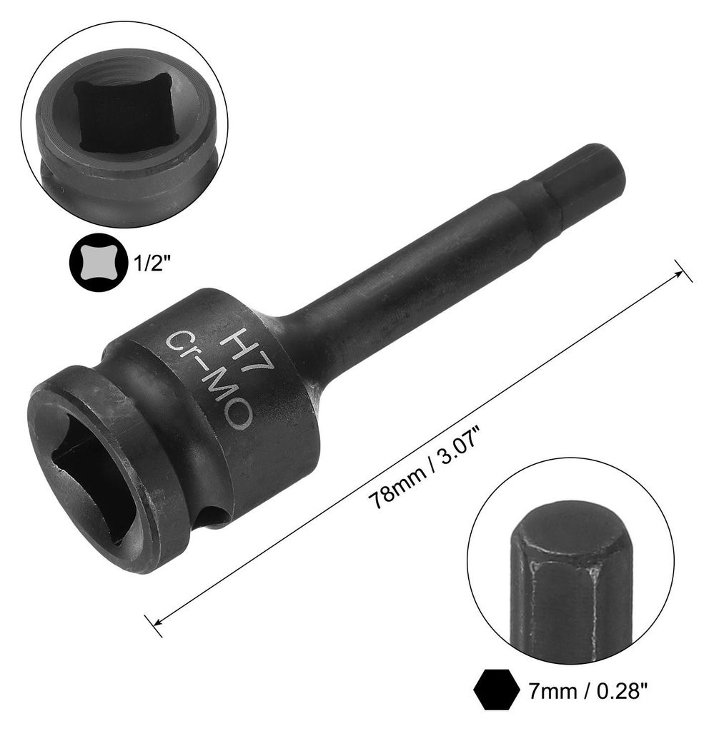 7mm Sechskant-Schlagschrauber-Bit-Steckdose H7 1/2" CR-MO-Stahl Phosphat Verl?ngern Sechskantschraubendreher-Steckdosenadapter fš¹r Auto-Mechanik...