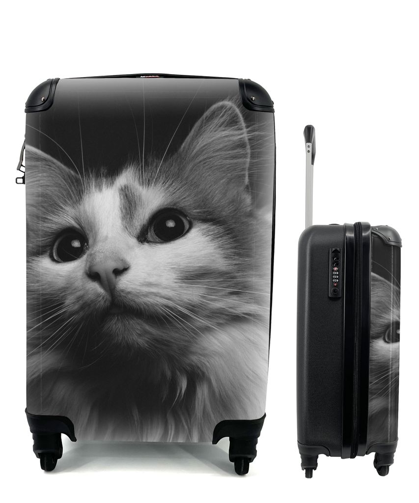 MuchoWow Koffer Handgepäck Trolley Rollkoffer Kleine Reisekoffer mit 4 Rollen - Tierprofil Katze in schwarz und weiß - Cabin Size < 55x40x23 cm...
