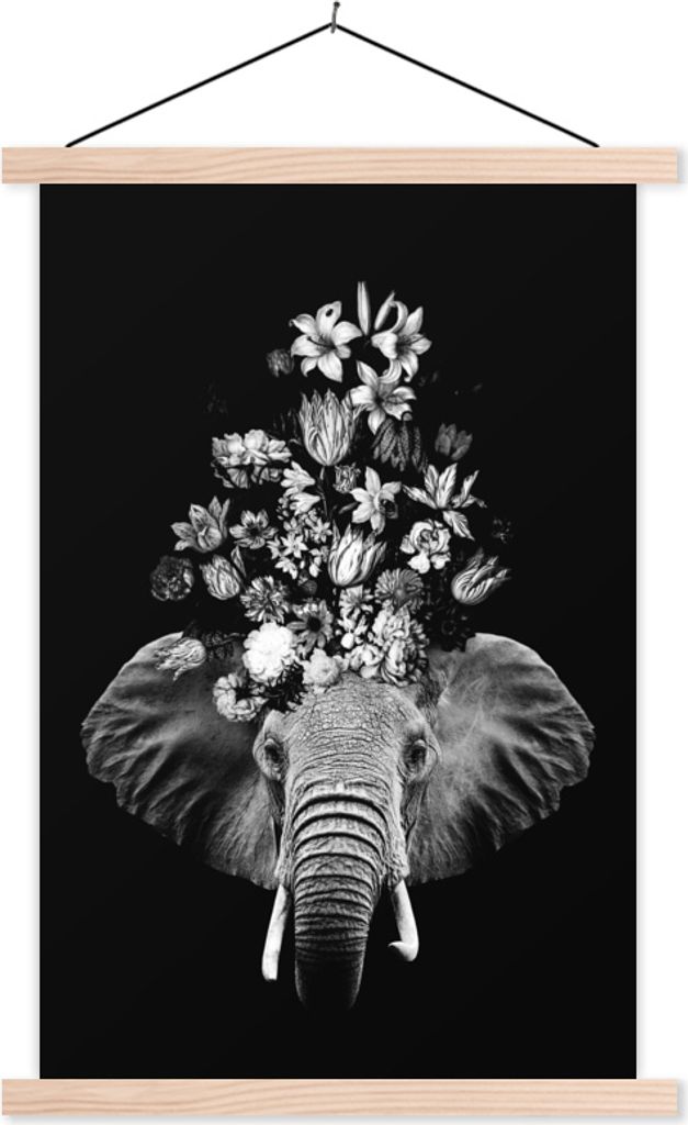 MuchoWow Textilposter Elefant mit Blumen vor schwarzem Hintergrund - schwarz und weiß 120x180 cm mit holzfarbenen Rahmen - Textil-Plakat