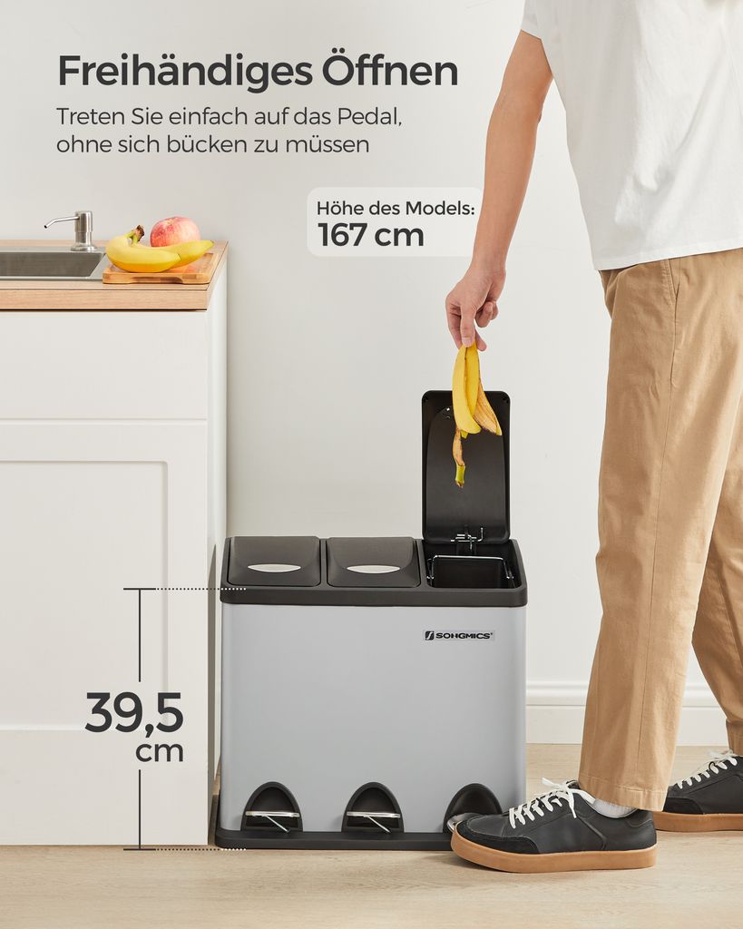 SONGMICS Mülleimer Küche, 3 x 8 Liter, Mülltrennsystem 3 Produktbild 3