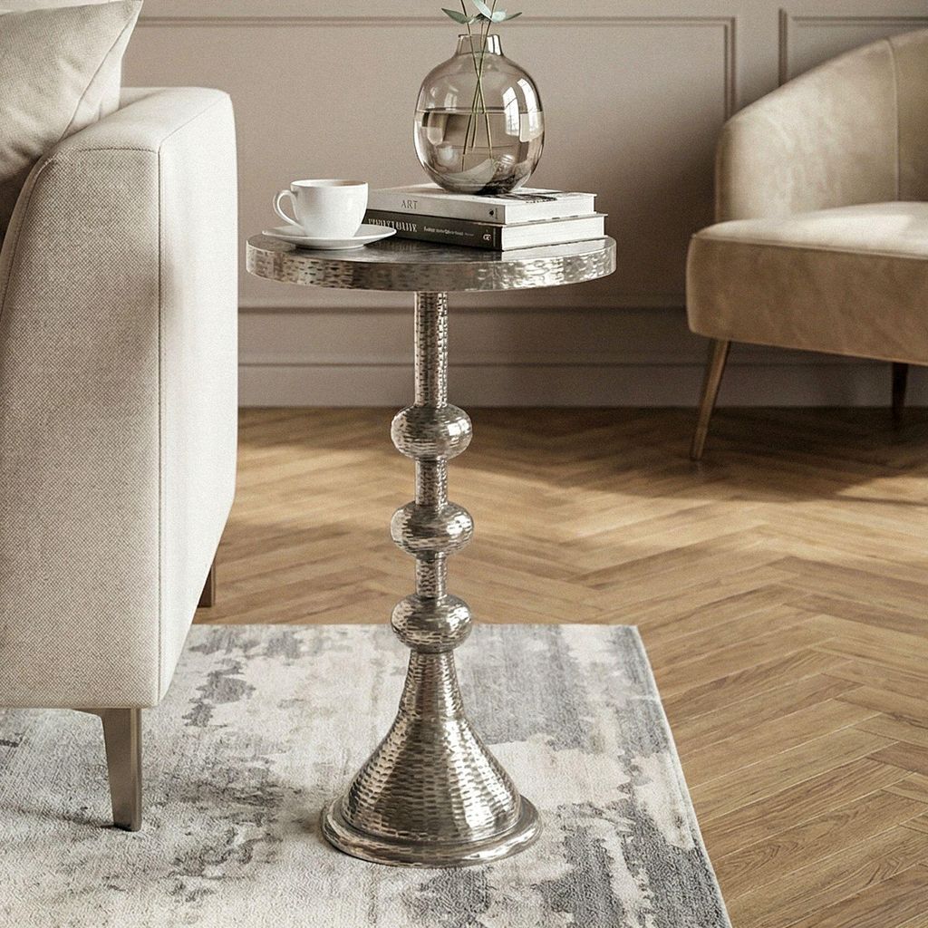 FineBuy Beistelltisch Aluminium Silber 30cm Rund Anstelltisch Metall Dekotisch orientalisch Wohnzimmertisch Alu Couchtisch Sofatisch Orient Handmade