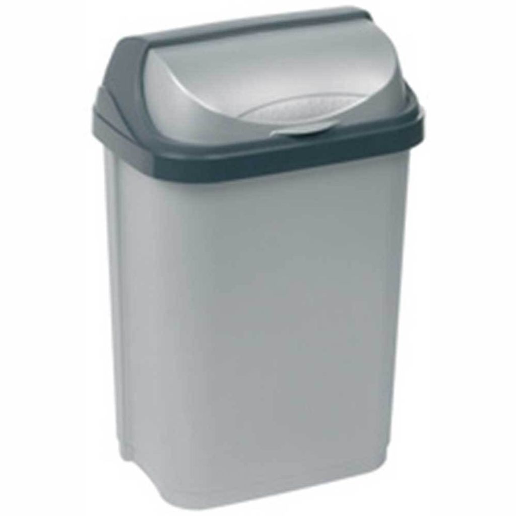 A gray trash can with a dark gray lid.