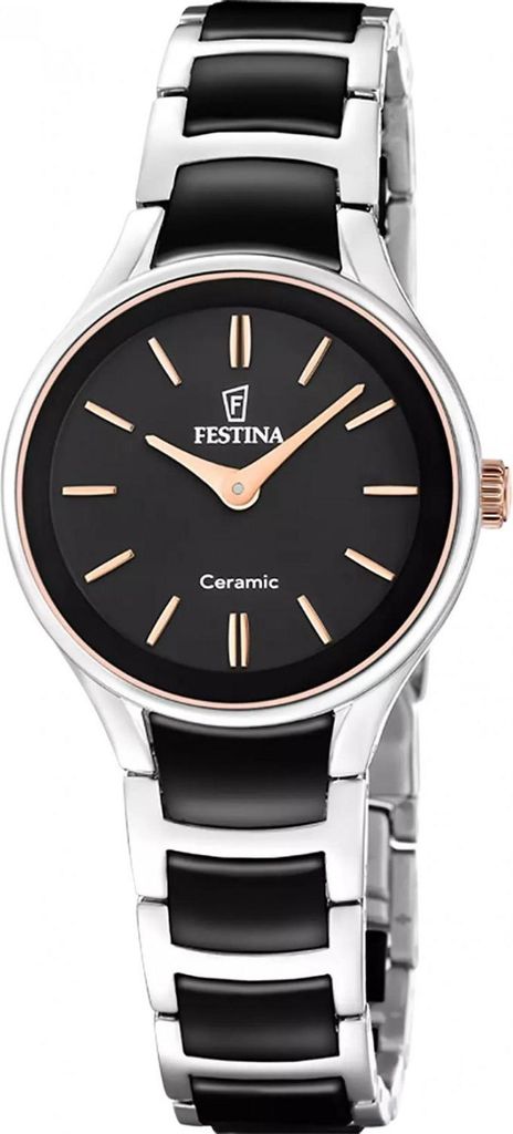 Festina Damenuhr F20752/7 Keramik, Edelstahl, Roségold plattiert, Schwarz