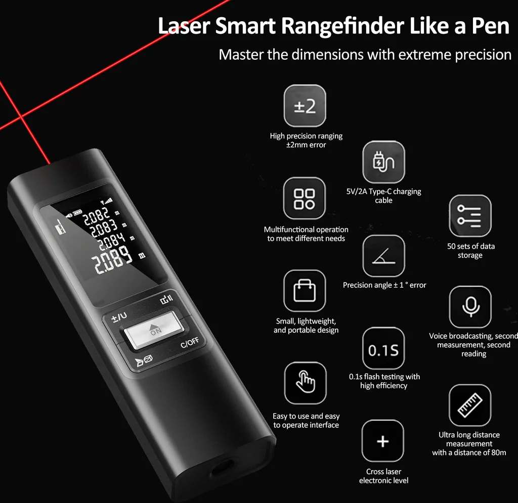 Télémètre Laser S80 80m Haute Précision 2mm avec Coque en Aluminium Noir