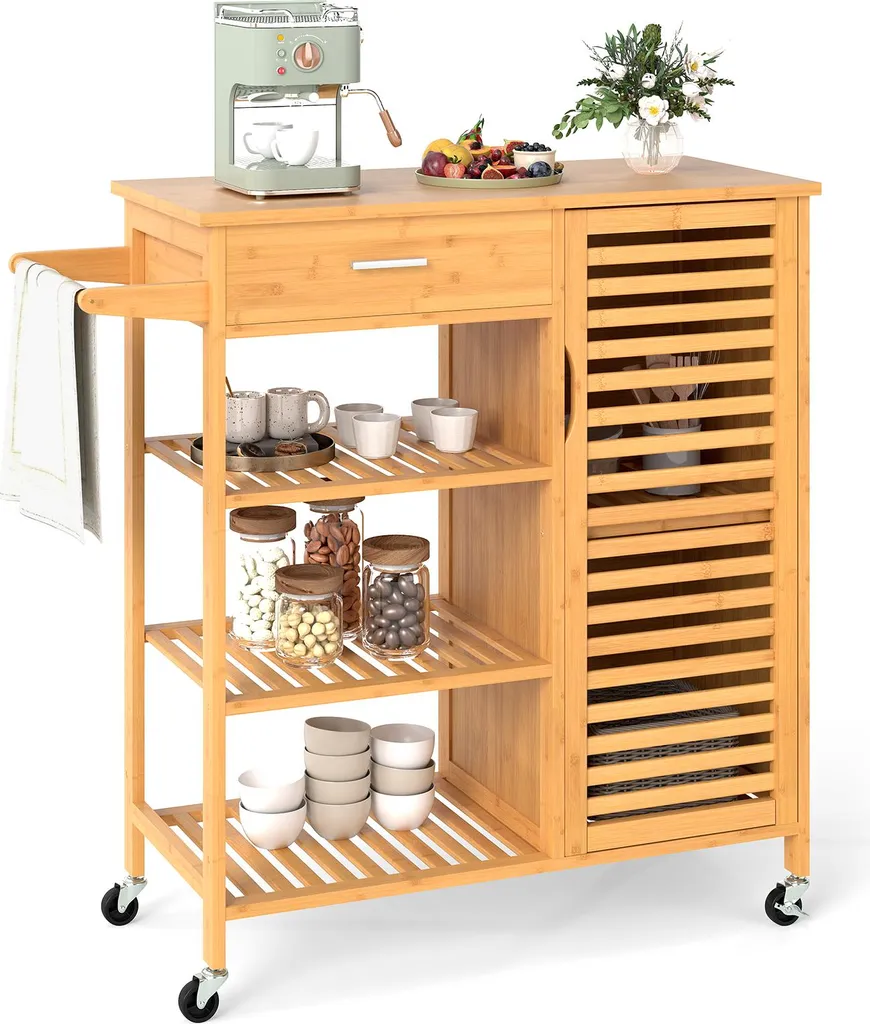 OFFERTA Carrello Cucina COSTWAY Bambù 91x44x89cm - Ruote e Cassetto
