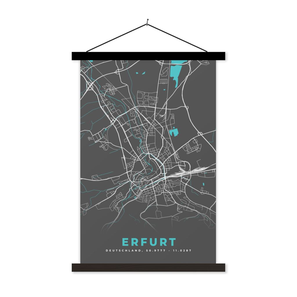 MuchoWow Textilposter Erfurt - Stadtplan - Blau - Karte - Deutschland 120x180 cm mit schwarzem Rahmen - Fotos