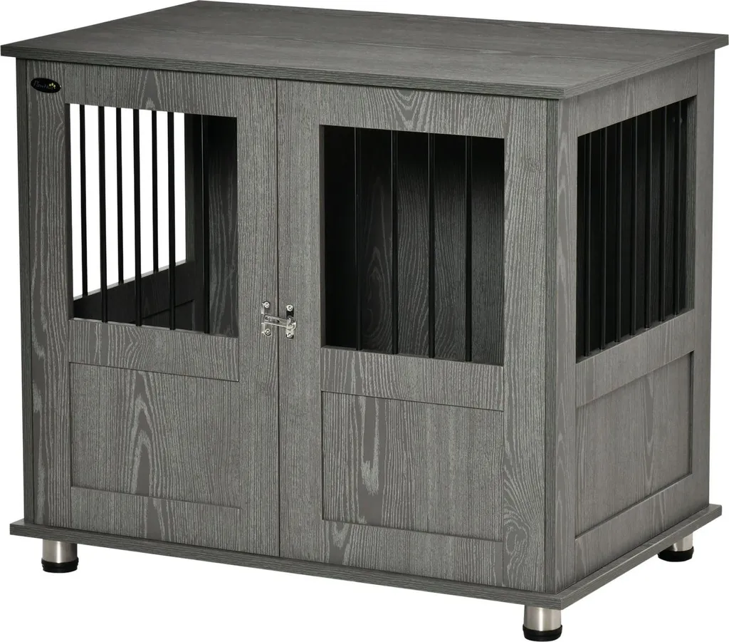 Box pour chien gris avec porte magnétique et verrou de sécurité robuste