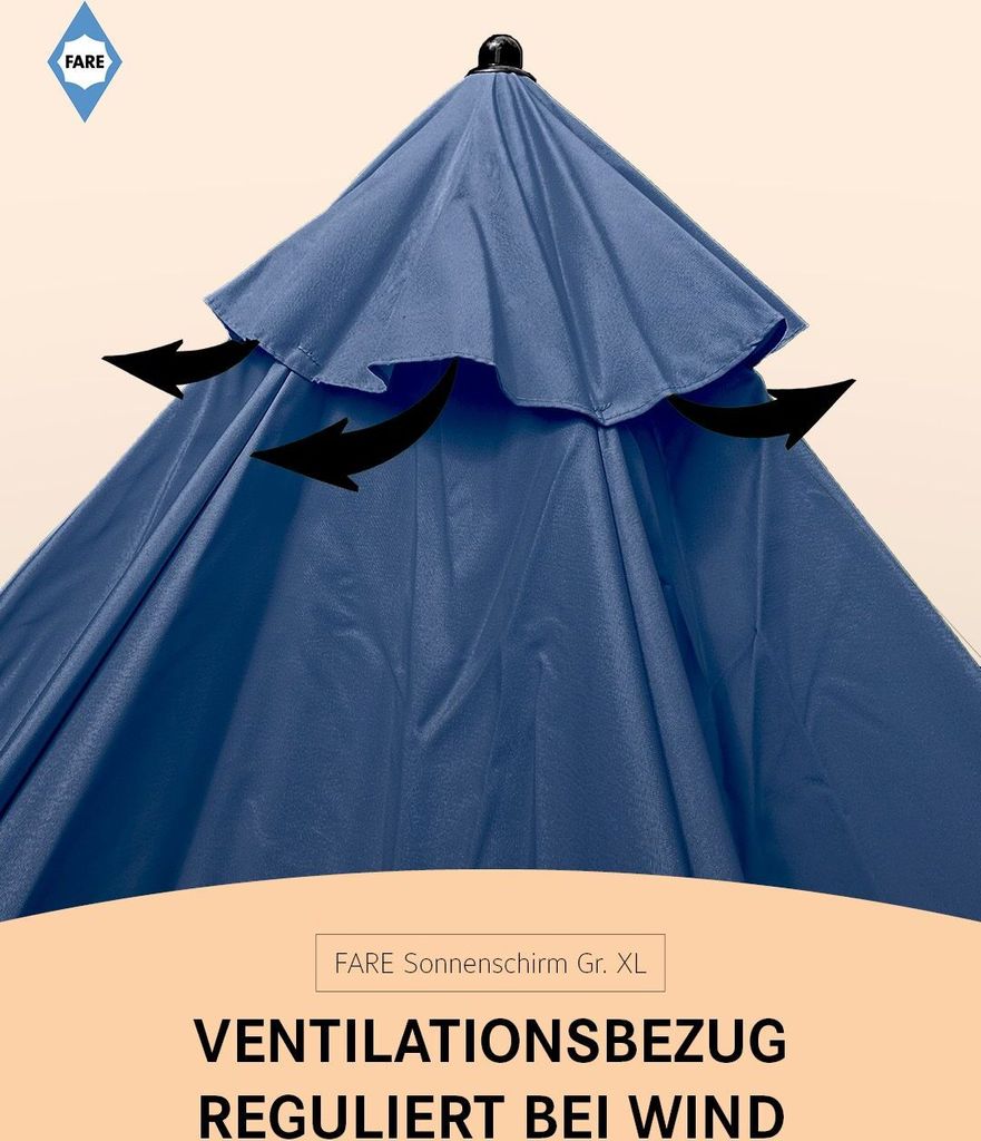 FARE Sonnenschirm XL Höhenverstellbar Knickvorrichtung Lichtschutzfaktor UPF 50+ 235cm, Farbe:Nachtblau