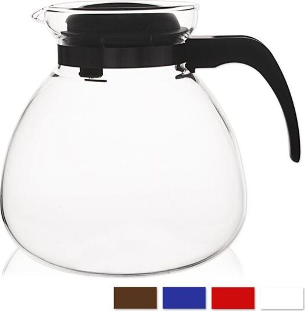 A clear glass coffee pot with a black lid and handle, isolated on a white background.