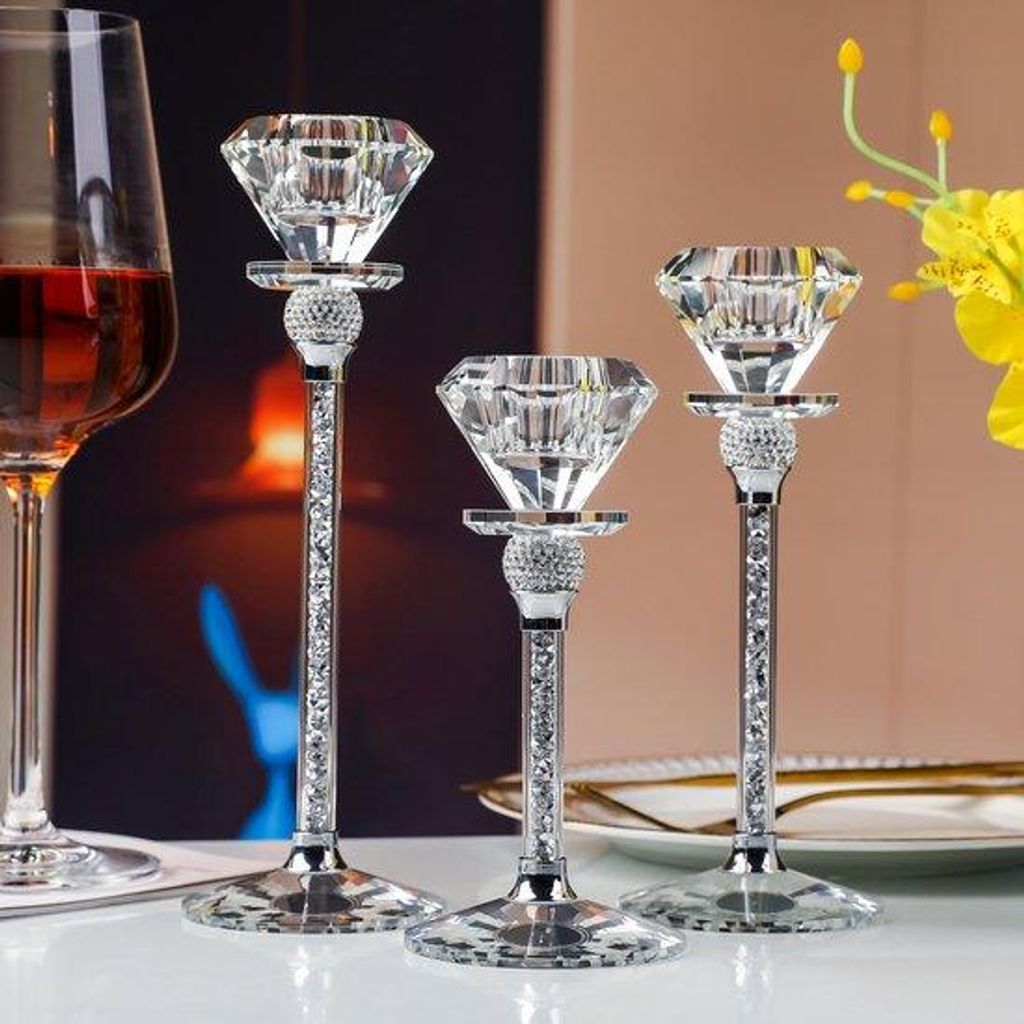 Kristall-Flambeur-Ensemble, 3 Stück, rautenförmig, edles Kristallglaskerzenleuchter, 17/20/23 cm hoch, zeitgenössische Raumbeleuchtung, Wohnzimm...