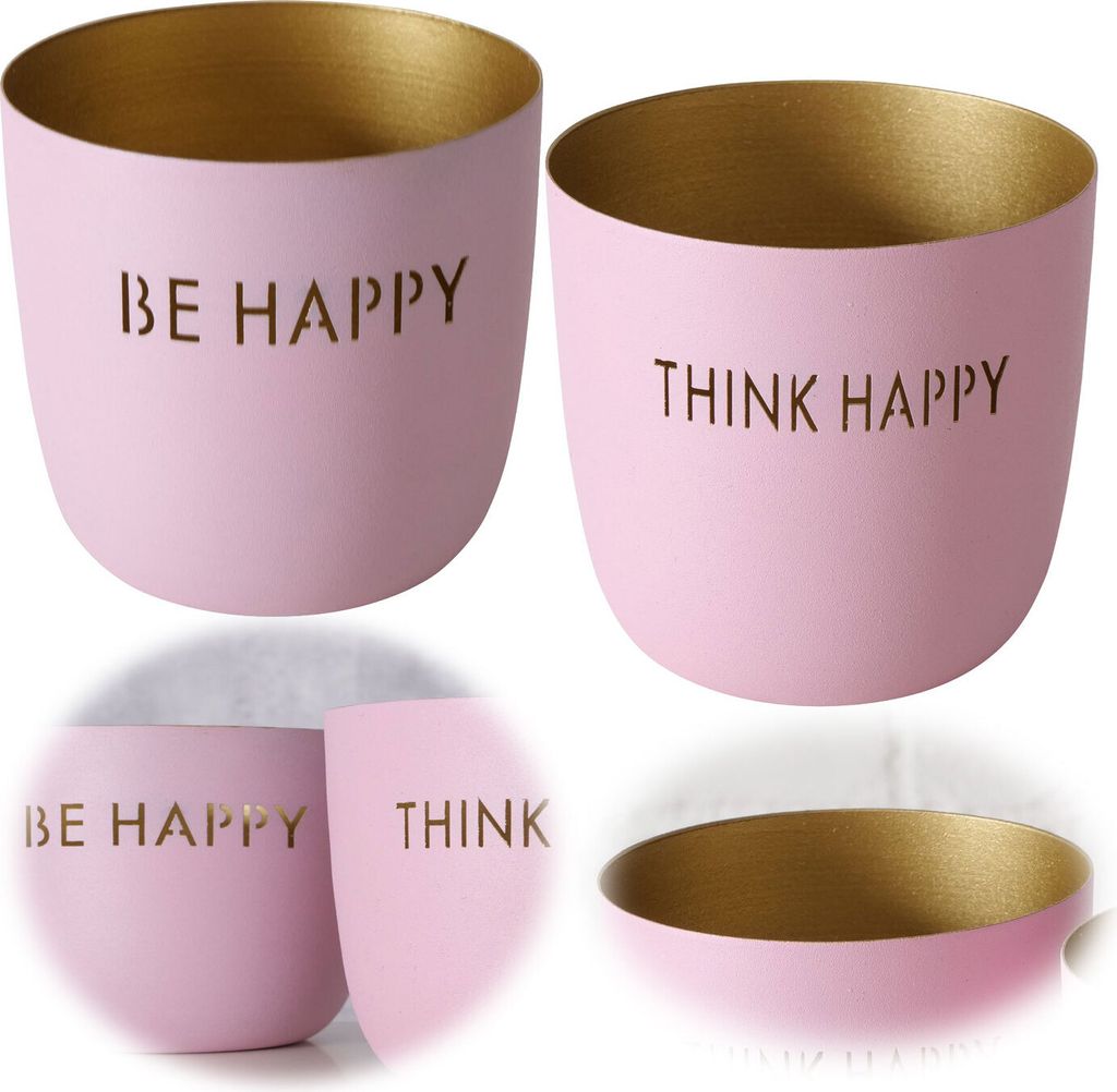 LS-LebenStil 2x XL Metall Teelichthalter Happy Rosa Gold 10x9cm Set Windlichthalter