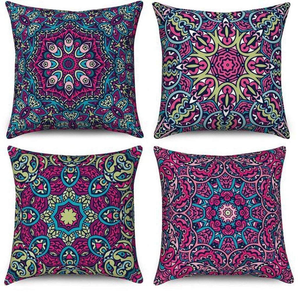 Unyqoos Set mit 4 Bohemian Kissenbezügen, Retro Blumenmuster für Innen und Außen, 40x40 cm