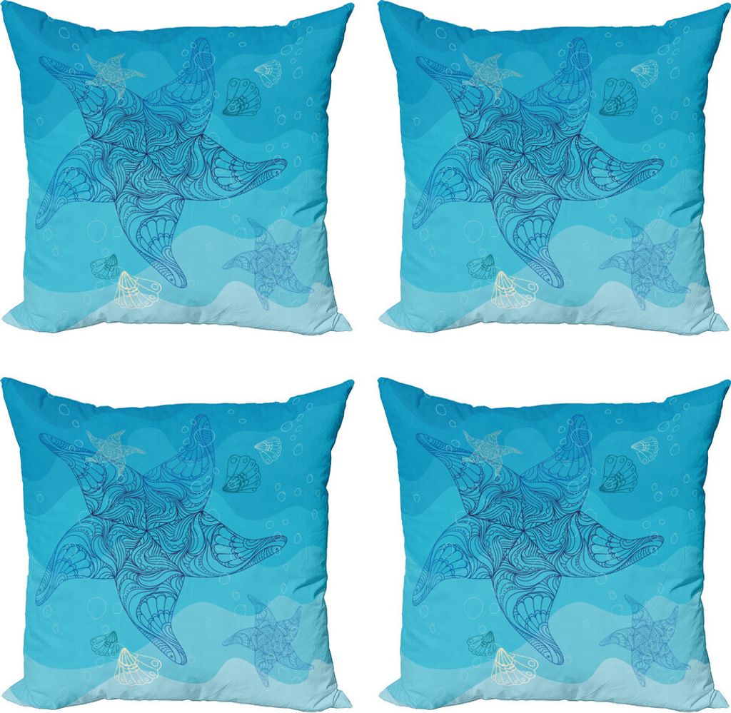 ABAKUHAUS Schnecke Kissenbezug Set (4 Stück), Starfish Deep Sea Creature, Moderner Doppelseitiger Digitaldruck, 40 cm x 40 cm, Blau und Hellblau