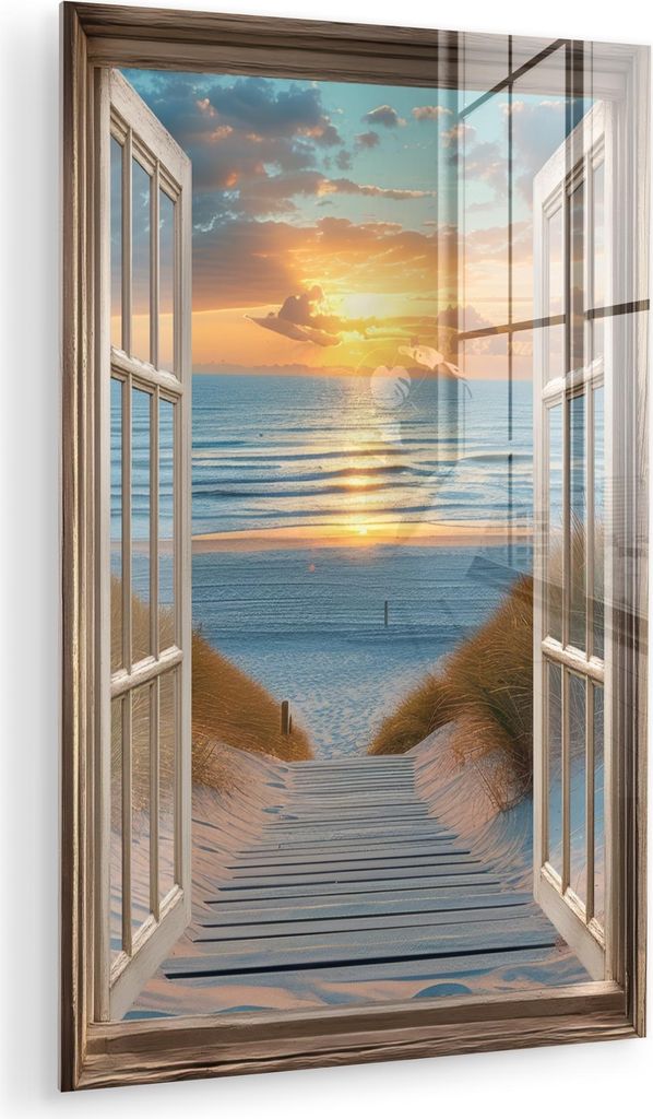 MuchoWow Glasbilder - Bilder auf Wandbild - Foto auf Glas Durchblick - Strand - Weg - Sonnenuntergang 80x120 cm Wanddekoration aus Glas - Acrylglas...