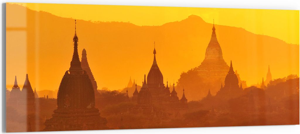 DEQORI Glasbild Acryl 125x50 cm 'Goldene Stupas' Wandbild Bild modern Deko