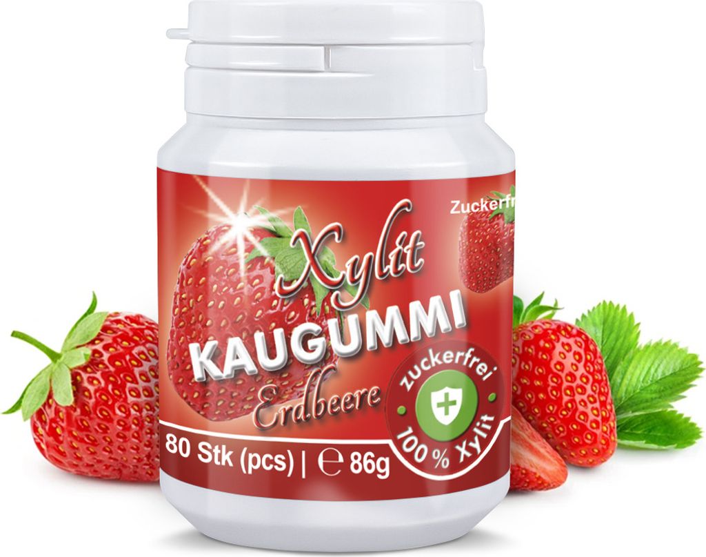 Xylitquelle Zahnpflegekaugummi ERDBEERE | 80 Stk | 100% Xylit für angenehmen Atem | zuckerfrei, vegan, ohne Aspartam | 80 Kaugummis (1er Pack)