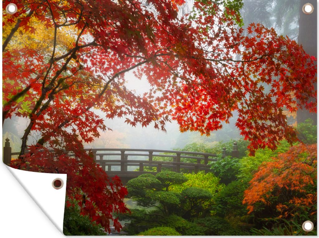 MuchoWow 80x60 cm Outdoor-Poster Gartendeko Sichtschutz Garten Poster für den Garten Japanischer Ahorn - Bäume - Brücke - Natur - Japanisch