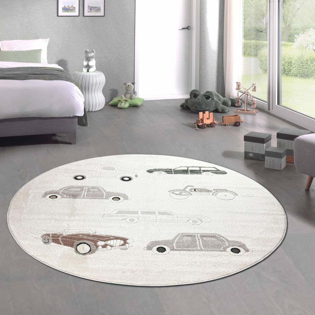Kinderteppich mit Höheneffekt und verschiedenen Autos in creme beige Größe - 120 cm Rund