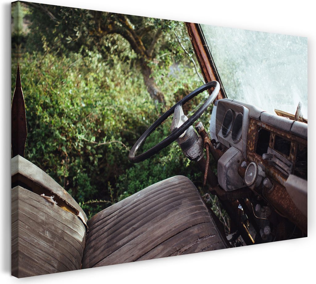 Leinwandbild (80x60cm): Innenansicht eines Oldtimers verrorstet auf Auto-Friedhof, echter Holz-Keilrahmen inkl. Aufhänger, handgefertigt in Deutsc...