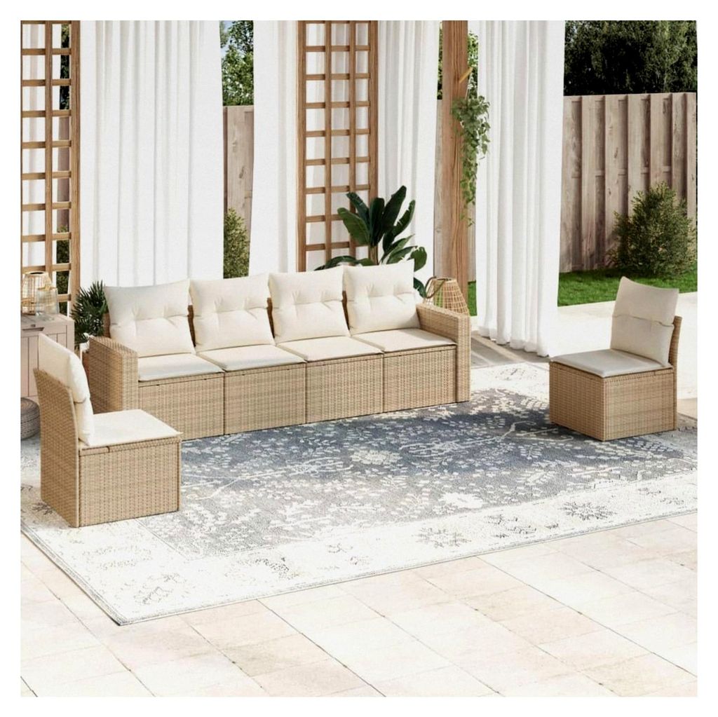 6-teiliges Garten-Sofagarnitur mit Kissen in Beige aus Poly Rattan